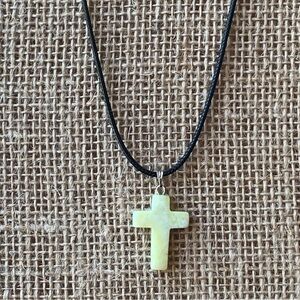 Lantian Jade Cross Pendant Necklace Hand Carved Stone Religious Jewelry 20" Cord